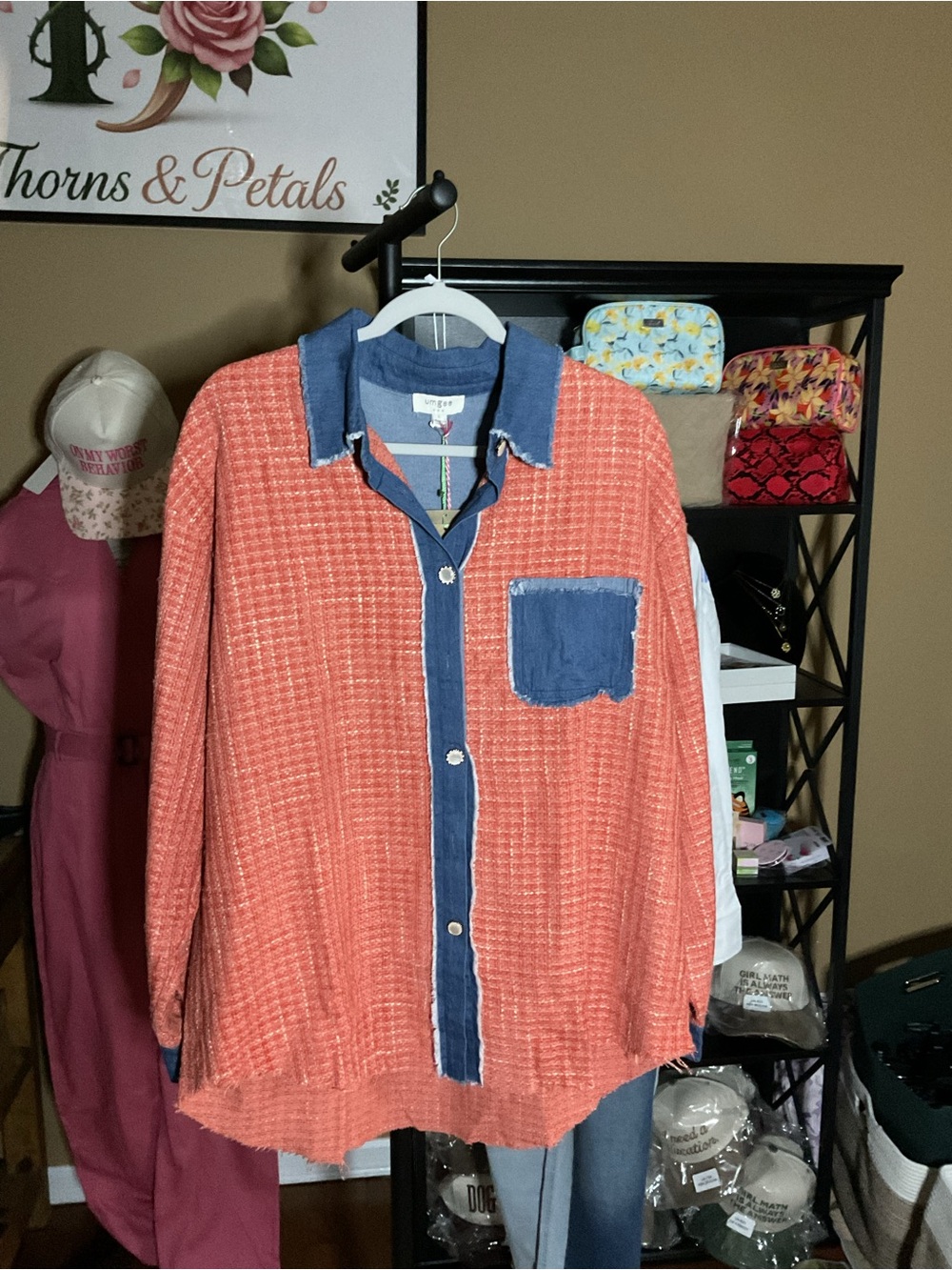 Umgee Coral Button-Down with Denim Blue Trim